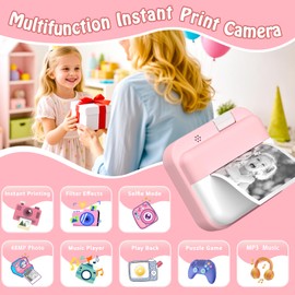 Kids Camera Instant Print for Boys Girls, 1080P HD Instant Camera for Kids with 32GB Card & 3 Rolls Photo Paper, 180° Rotatable Lens, Christmas Birthday Gifts for 3-12 Years Old (Pink)