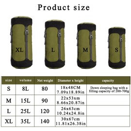 Compression Stuff Sack for Sleeping Bag,8L/15L/25L/35L Lightweight Waterproof Compact Compression Nylon Stuff Sack StorageBag,Travel Compression Bag for Camping,Backpacking,Clothes Storage (Green, L)