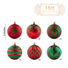 FlameFlash 3.15" Red & Green Christmas Ornaments, 16PCS Shatterproof Modern Pattern Christmas Ball Ornaments, Christmas Baubles Hanging Decor for Trees/Exhibition/Party/Mall/Festival