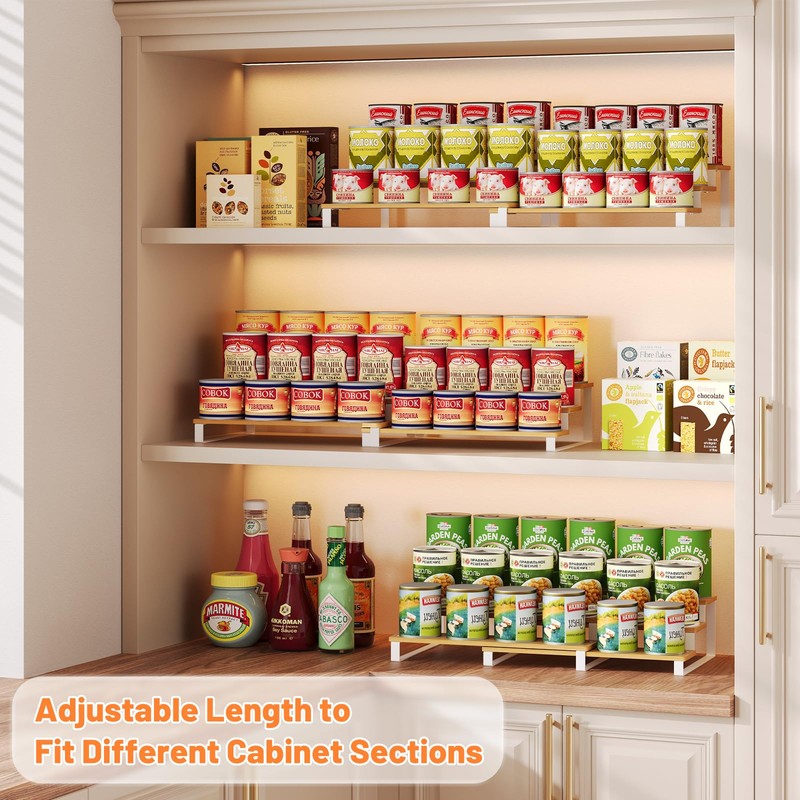 Expandable Can Organizer for Pantry, 3-Tier Adjustable Bamboo & Iron