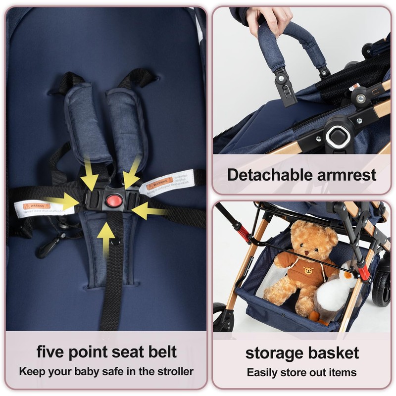 2 in 1 Baby Stroller Blue Newborn Stroller Foldable Convertible