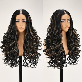 X-TRESS Black V Part Wig loose Wave with Honey F1B/27 color 22" V Part Wigs for black women Up U part Glueles in Half Wig and Full Head Clip V Shape No Leave Out Thin synthetic wig fix with clip comb