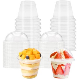 50 Pcs 6 oz Clear Plastic Cups with Dome Lids,Transparent Parfait Cup,Disposable Dessert Cups for Fruit,Ice Cream,Cupcake,Iced Cold Drinks Food Bakeware Utensils - Style: 10oz dome lids with no hole,U-shaped wit