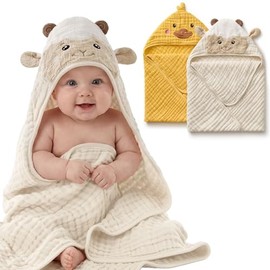 Blissful Diary Muslin Baby Hooded Towel, Pack of 2, Soft and Absorbent Baby Towel Hood, Cotton Baby Bath Towel, Unisex, Baby Gift, Baby Basics, 81 x 81 cm, Sunny Duck & Soft Lamb
