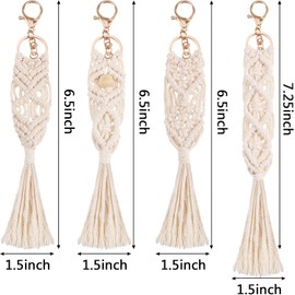 Syhood 4 Pieces Mini Macrame Keychains Boho Macrame Bag Charms with Tassels Handcrafted Accessory for Car Key Purse Phone Supplies, Beige