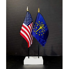 1 American and 1 Indiana Miniature Office Flag Set Rayon 4x6 inch Office Flag are American Made Little Hand Waving Table Flags Includes a 2-Hole White Flag Stand