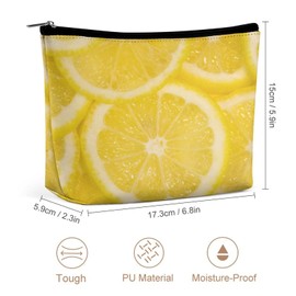 Women PU Leather Cosmetic Bag, Toiletry Storage 6.8x5.9x2.3 in Zipper Pouch Handbag Makeup Case Purse Holder Organizer Print Fresh Yellow Lemons Juicy Slices Texture