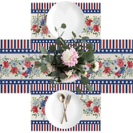 BOTB LIHM 4th of July Table Runner Stripe Flowers Memorial Day Independence Day Stars Patriotic America Table Decoration Home Kitchen Dining Indoor Holiday Farmhouse Decor 13x108 Inch