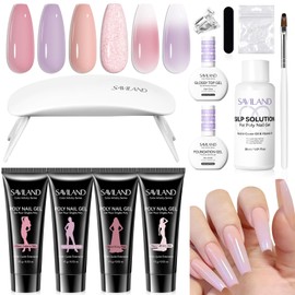 SAVILAND Poly Gel Nail Kit for Starter: 4 Poly Gel Nail Colors 28 Day Long Wear Ultra-Hard with Slip Solution, Fast & Easy Extension Nail Kit with Nail Lamp All-in-1 for Beginner DIY Art Home Salon