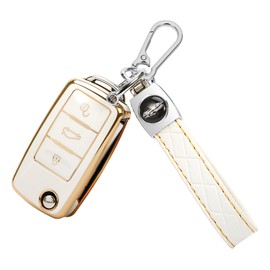 TOMALL for VW Volkswagen Key Fob Cover with Keychain, 3 Buttons Soft TPU Key Fob Protector Compatible with VW Volkswagen Tiguan Passat Golf Polo Beetle Jetta Touran Eos Scirocco Car Key Cover, White