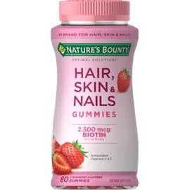 Nature's Bounty Optimal Solutions Hair, Skin & Nails Vitamin Gummies with Biotin, 2500 mcg, Strawberry, 80 Count, 40 Total Servings