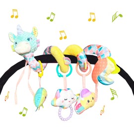 Kulveanju Baby Spiral Pram Toy 0-6 Months - Musical Plush Spiral Activity Hanging Toys for Babies Pushchair Stroller/Car Seat/Crib, Sensory Education Gifts for Newborn 6-12 Months Boys Girls, Blue