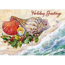 Red Farm Studios Designer Greetings Boxed Christmas Cards, Seashells and Holly on Beach (Box of 18 Nautical/Coastal Holiday Cards with White Envelopes), (125-00809-000)