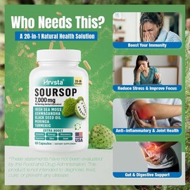 Soursop Graviola Supplement 20-in-1 Herbal Blend with Sea Moss, Moringa, Turmeric, Black Seed, Oregano & Ashwagandha | Vegan, Non-GMO | 60 Capsules