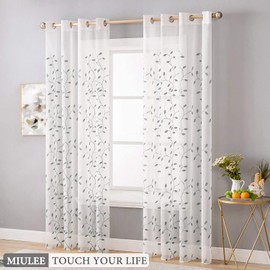 MIULEE Decorative Sheer Curtains with Embroidered Leaf Pattern for Living Room Elegant Grommet Embroidery Window Voile Bedroom Drape 2 Panels 54 x 90 Inches Grey