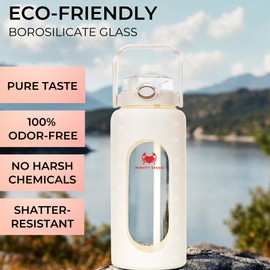 MIGHTY VESSEL 64 oz Glass Water Bottle – White | Leakproof Borosilicate Bottle with Straw, Silicone Sleeve, Time Marker – Half Gallon Hydration for Gym, Travel, Sports
