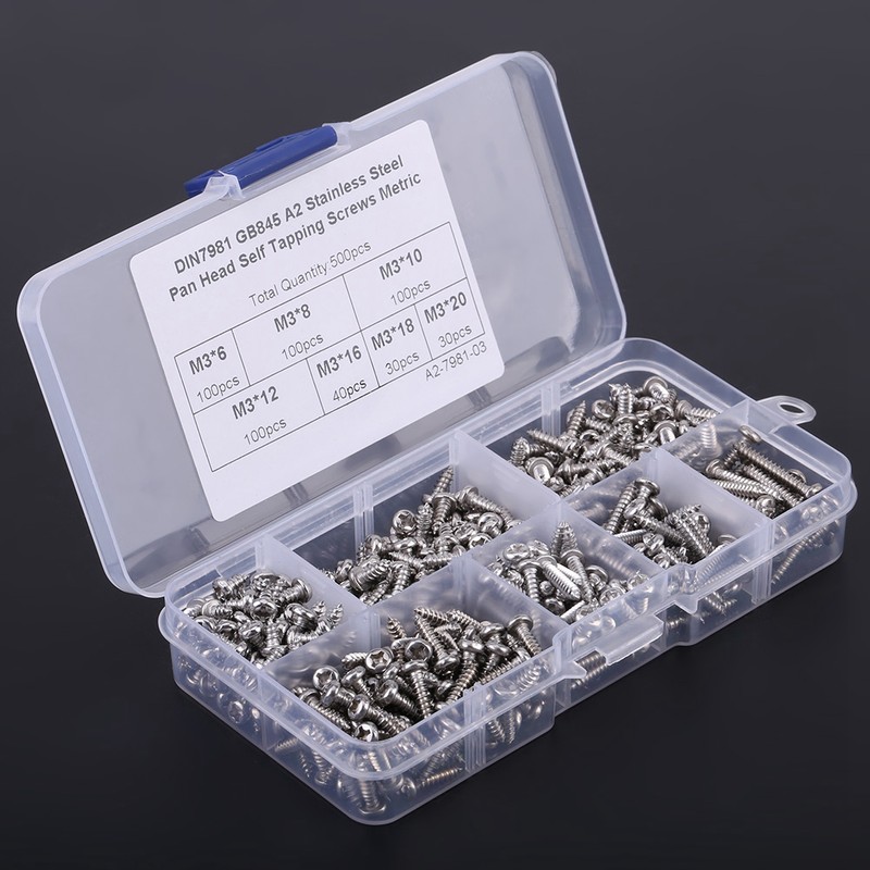 500PCS M3 Cross Drive Button Head Self Tapping Screws Assortment