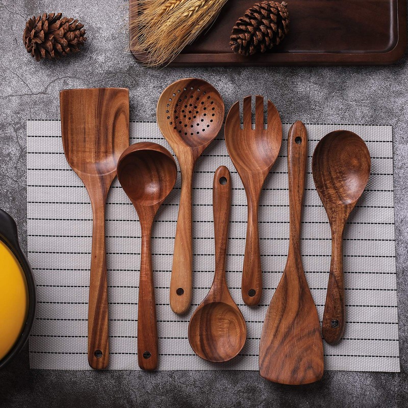 Wooden Non-Stick Kitchen Pan Toolset 7 Pieces Set,100% Natural Teak