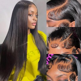 miniask 34 Inch 13x6 Lace Frontal Wigs Human Hair 180% Density Glueless 13x6 HD Lace Front Wig Pre Plucked Straight Lace Frontal Wigs Human Hair Wig for Women