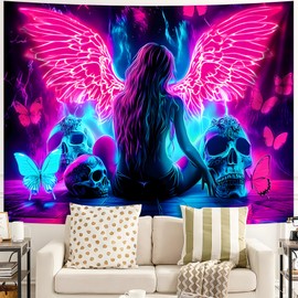 Tapiz de luz negra, tapiz de alas que brilla en la oscuridad, luz negra reactiva contra los rayos UV, pósteres verticales para colgar en la pared para recámara, sala de estar, decoración de telón de