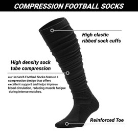 Scrunch Football Socks, Extra Long Padded High Performance Compression Soccer Socks for Men and Youth Boys (US, Alpha, Small, Regular, Black)