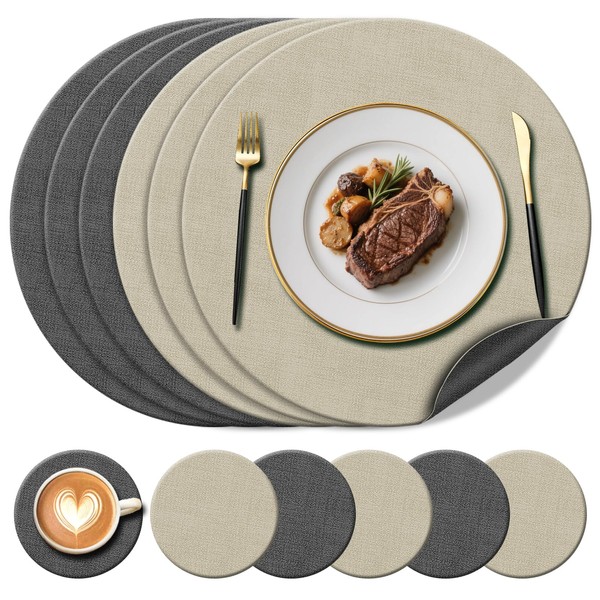 YUNJUER 6 Round Leather Place Mats(38cm) + 6 Coasters(10cm) Set,