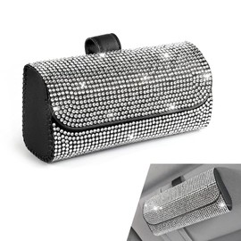 Ferianl Bling Sunglasses Holder for Car Sun Visor, Rhinestone Auto Eyeglasses Mount Clip Organizer, Leather Sunvisor Sunglasses Storage Case, Universal Glasses Holder Clips for SUV, Sedan, Van (White)