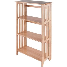 Oakestry Mission Beech Wood 4-Tier Shelf Natural Vertical Storage Display Stand Wooden Organizer Solid Design Functional Freestanding Unit Minimal Home Furniture Modern Bookcase Organizer