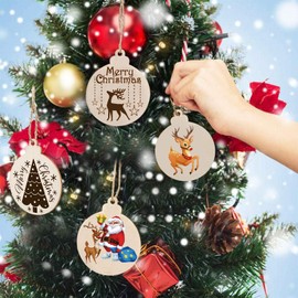 DIY Wooden Christmas Ornaments, 100Pcs Wood Slices & 10 Stickers, Wooden Ornaments for Crafts, Unfinished Predrilled Wood Circles for Holiday Xmas Hanging Decorations(3 Inch)