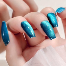 WAFOLOZE Long Press on Nails Coffin Fake Nails Blue False Nails with Melbourne Cat Eye Gloss Designs Glue on Nails Acrylic Nails Press ons Artificial Nails Stick on Nails for Women 24Pcs