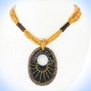 2 3/8" Necklace Oval Soho Wood Handpainted Pendant Gold Beads