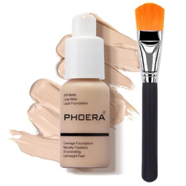 Glamza PHOERA Foundation Concealer Makeup Full Coverage Matte Brighten Long Lasting UK + Professional Flat Face Foundation Brush (102 NUDE)