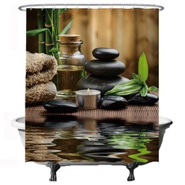 Ulticool Shower Curtain - Zen Spa Meditation Rest Nature - 180 x 200 cm - Washable - Anti Mould - with 12 Rings - Green Beige Black