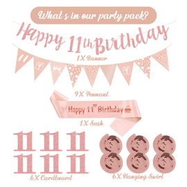 11th Birthday Party Decorations Girls - Happy Birthday Banner Decor Set with Glitter Garland Sash, Rose Gold Number 11 Hanging Swirls Bunting for 11 Years Old Party Supplies