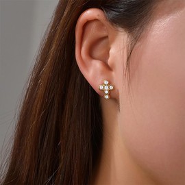Niaspi CZ Pearl Cross Stud Earrings for Women Stainless Steel 14K Gold Plated Small Cross Studs Earrings Fashion Ear Jewelry (Pearl)