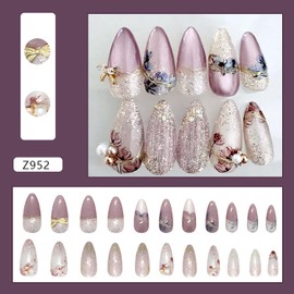 French Tip Press on Nails Almond Medium Fake Nails 3D Bow Pearl Glue on Nails Summer Nails Press ons Flower False Nails with Glitter Designs Full Cover Artificial Stick on Nails for Women 24Pcs