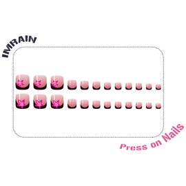 IMRAIN Short Square Press on Toe Nails Black French Tips Fake Toenails Glossy Glue on Toenails Acrylic False Toe Nails with Pink Flower Designs Artificial Stick on Toe Nails 24Pcs