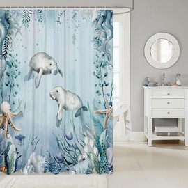 Manatee Shower Curtain Set Teal Blue Beach Coastal Ocean Shower Curtain 72"Wx72"L,Starfish Octopus Tentacles Bathroom Accessories Underwater Creature Coral Bath Curtain,Kawaii Fish Shower Curtain