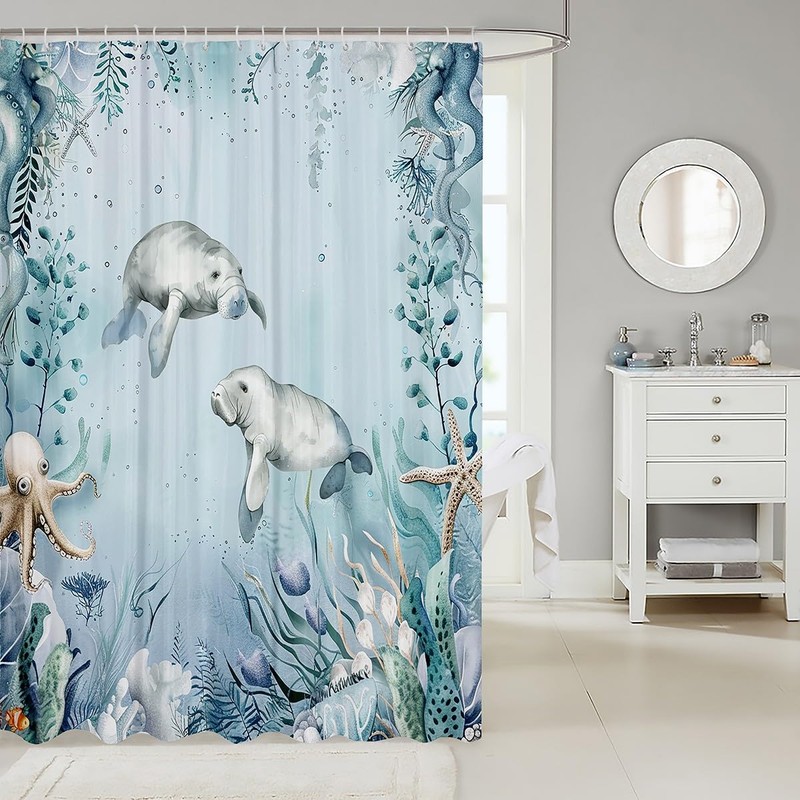 Manatee Shower Curtain Set Teal Blue Beach Coastal Ocean Shower