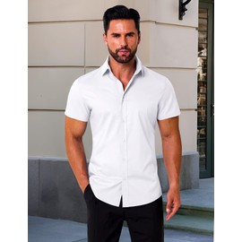 LETSEE Men's Dress Shirts Short Sleeve Wrinkle Free Dress Shirts for Men, White, Medium