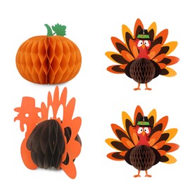 Fenyluxe Thanksgiving Honeycomb Decorations Set of 4, Pumpkin Centerpiece, 3D Turkey Table Decor and Hanging Turkey Ornaments Party Supplies for Fall Harvest Classroom Office and Dining Table