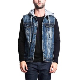 VICTORIOUS Detachable Hood Denim Jean Vest Jacket DK108 - Distressed Dark Indigo - Large - GG1F
