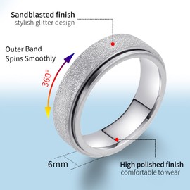 Anxiety Ring for Women Silver Spinner - 6MM Stainless Steel Silver Spinner Ring for Girl ladies Band Fashion Anxiety Relief Fidget Ring Stress Sensory Spinning Spiny Figit Spin Figet Jewelry Size 5