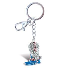 Aqua79 Cowboy Boot Keychain - Silver 3D Sparkling Charm Rhinestones Fashionable Stylish Metal Alloy Durable Keyring Bling Crystal Jewelry Accessory With Clasp