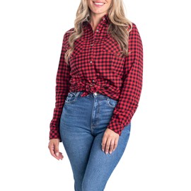 Legendary Whitetails Women's Cottage Escape Flannel Long Sleeve Plaid and Solid Color Clothes for Women, Fitted Button Down, Mini Buffalo Check, Large