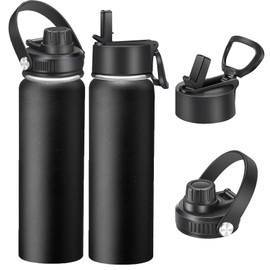 Insulated Stainless Steel Water Bottle, 22 oz/650 ml Water Bottle with Straw and 2 Leak-proof Lids, Sports Water Bottle for Sports, Travel, Gym (Black)