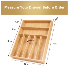 Upassion Bamboo Kitchen Drawer Organizer, 13 Inch Silverware Organizer with Extra-deep Grooved Divider, 7 Slots Pure Bamboo Wood Caddy for Flatware Cutlery Knives, Forks, Spoons