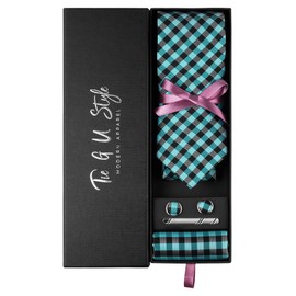 TIE G - Juego de corbatas a cuadros para hombre en caja de regalo de color negro: corbata y bolsillo cuadrado, gemelos, clip de corbata, boda de negocios, D1-aqua Black Check, Modern