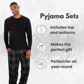 Mens Long Sleeve Pyjamas set Cotton Rich Top Brushed Fleece bottoms Top Pants PJ Pajamas Loungewear/Nightwear Gift (White - Navy Check Pants - Large)