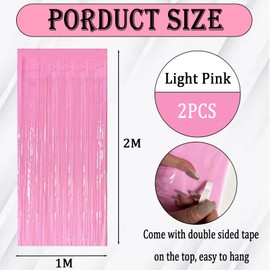 2pcs Pink Tinsel Curtains, 3.2x6.5ft Macaron Party Foil Door Curtains with Pastel Fringe Tassel Tinsel Backdrop for Girls Unicorn Mermaid Fairy Princess Party Décor